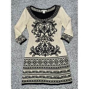 Flying Tomato Sz M Brown Tan 3/4 Sleeve Scoop Neck Sweater Dress Aztec Print